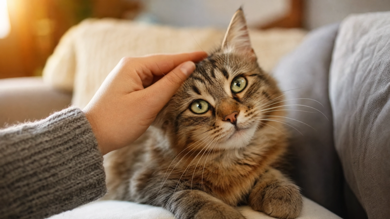 Katzenbesitzerin streichelt ihre Katze liebevoll