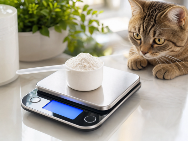 Präzisionswaage mit Taurin-Messlöffel und Katze